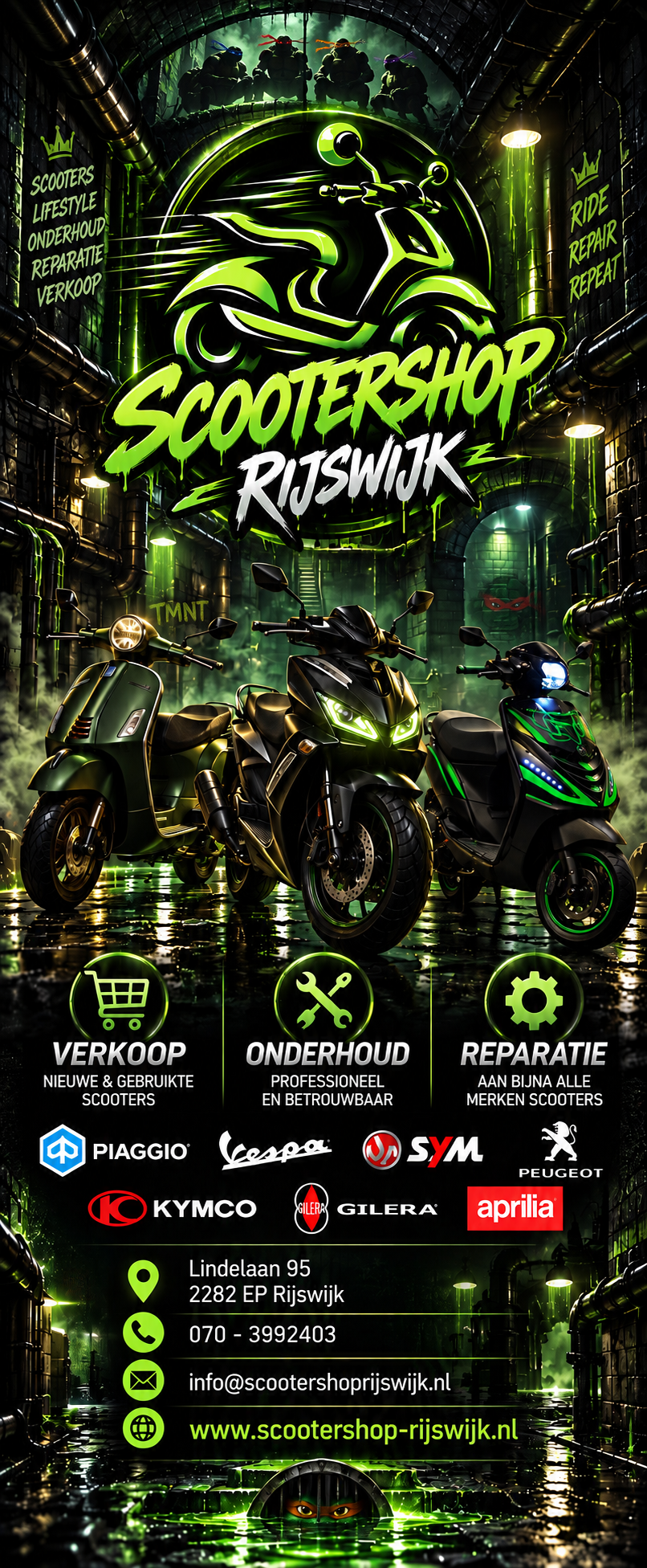 Scootershop Rijswijk artwork met drie scooters en felgroene verlichting